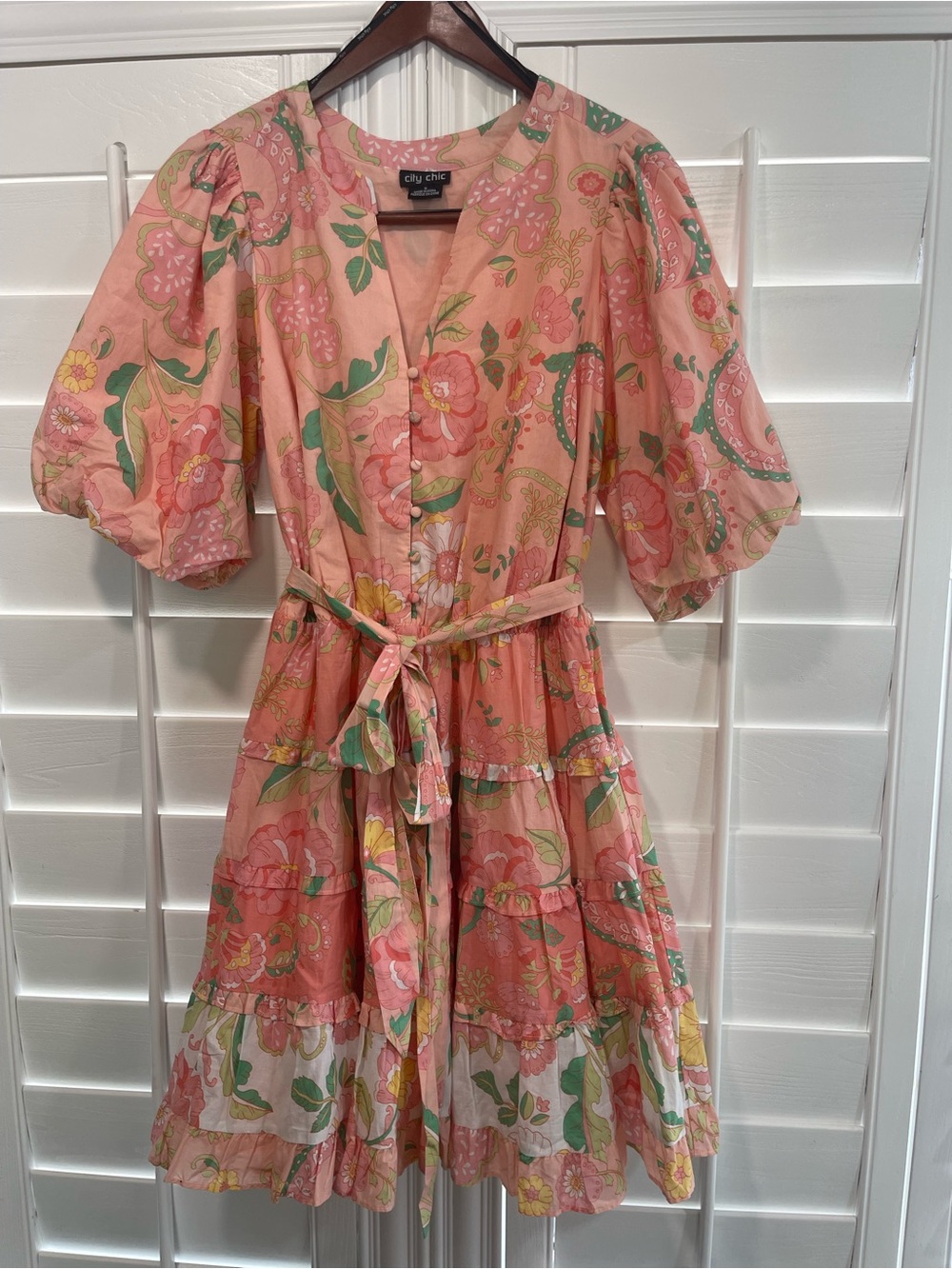 City Chic Coral Pink Floral Tiered Belted Midi Dress Size S equivalent to 16